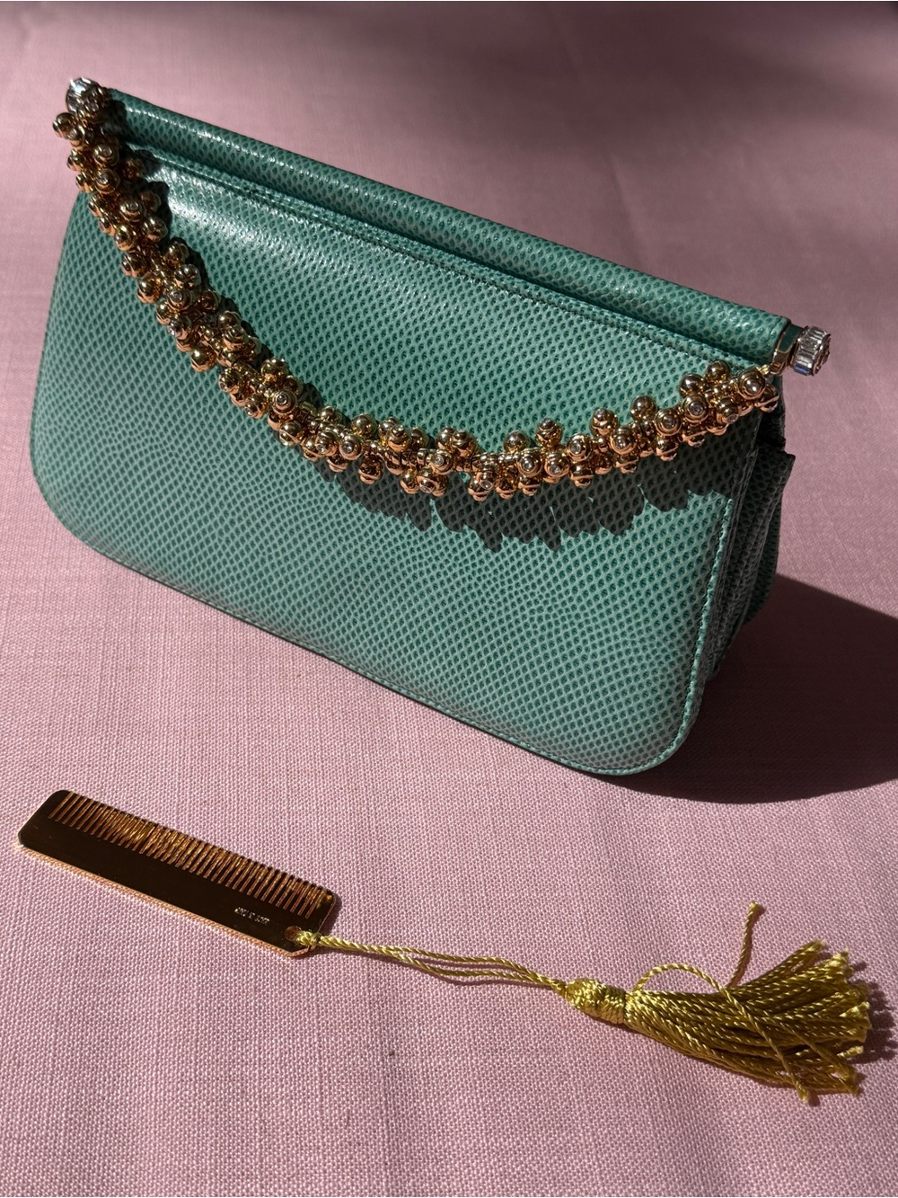 Super RARE Judith Leiber Green Clutch/ bag Jeweled Handle Collector’s Piece
